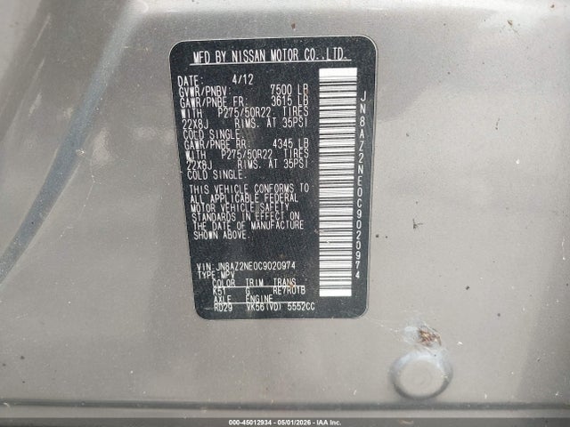 2012 Infiniti Qx56 მანქანა იყიდება აუქციონზე, vin: JN8AZ2NE0C9020974, აუქციონის ნომერი: 45012934