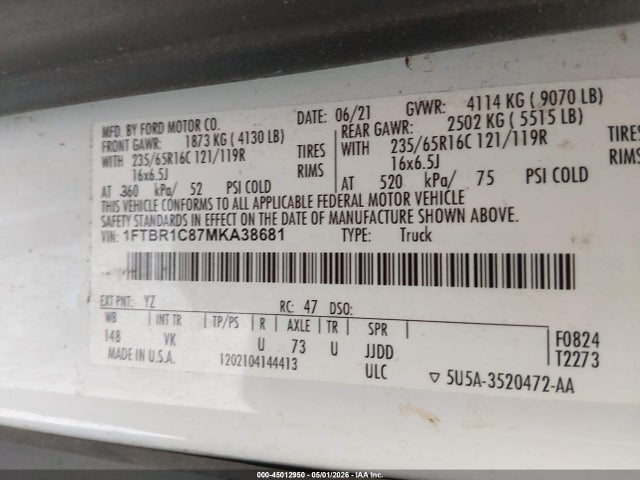 2021 Ford Transit-250 მანქანა იყიდება აუქციონზე, vin: 1FTBR1C87MKA38681, აუქციონის ნომერი: 45012950