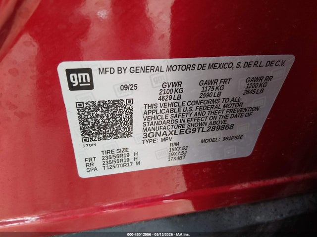 2026 Chevrolet Equinox Fwd Rs მანქანა იყიდება აუქციონზე, vin: 3GNAXLEG9TL289868, აუქციონის ნომერი: 45012956