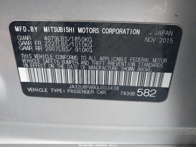 Aukcja sprzedaży 2016 Mitsubishi Lancer Gt, vin: JA32U8FW9GU003438, numer aukcji: 45012962