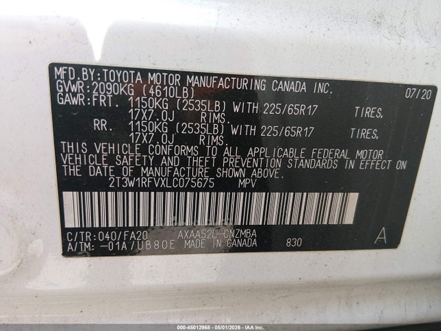 Aukcja sprzedaży 2020 Toyota Rav4 Xle, vin: 2T3W1RFVXLC075675, numer aukcji: 45012968