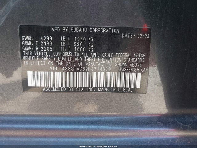 45012977 :رقم المزاد ، 4S3GTAD62P3714800 vin ، 2023 Subaru Impreza Premium 5-door مزاد بيع