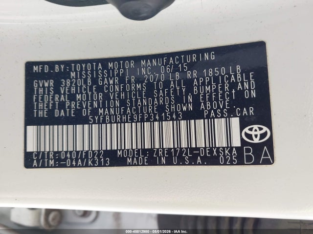 Продажа на аукционе авто 2015 Toyota Corolla S Plus, vin: 5YFBURHE9FP341543, номер лота: 45012980
