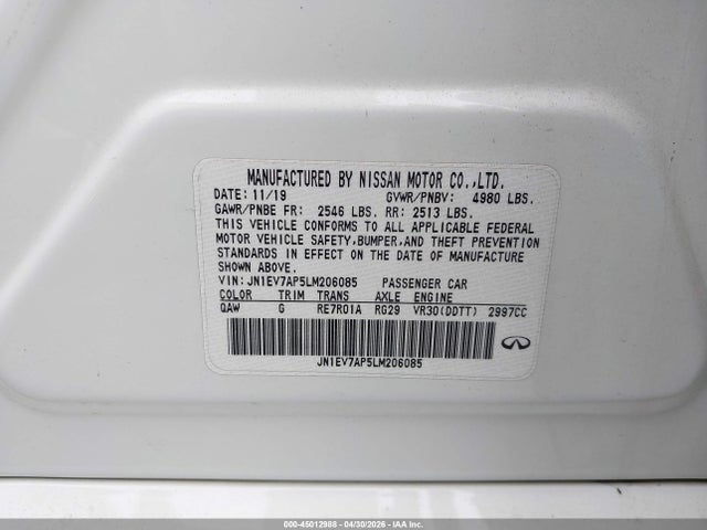 Aukcja sprzedaży 2020 Infiniti Q50 Luxe, vin: JN1EV7AP5LM206085, numer aukcji: 45012988