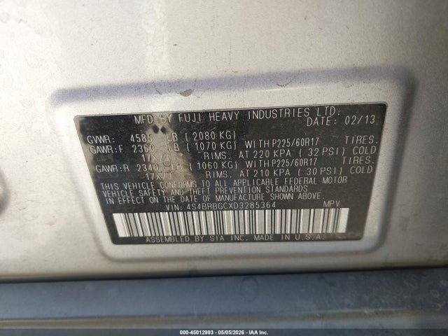45012993 :رقم المزاد ، 4S4BRBGCXD3285364 vin ، 2013 Subaru Outback 2.5i Premium مزاد بيع