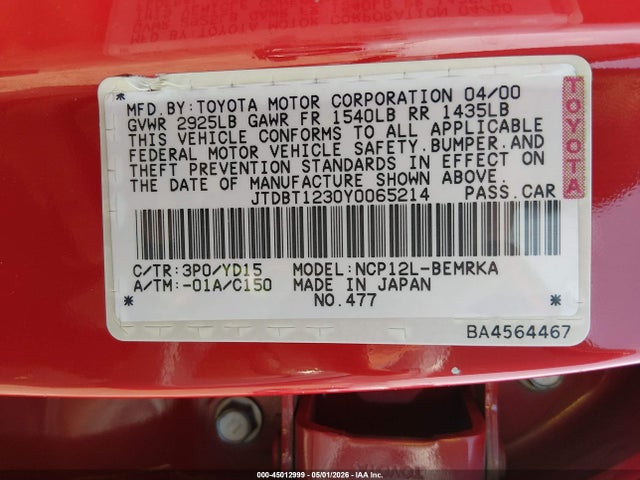 Aukcja sprzedaży 2000 Toyota Echo, vin: JTDBT1230Y0065214, numer aukcji: 45012999