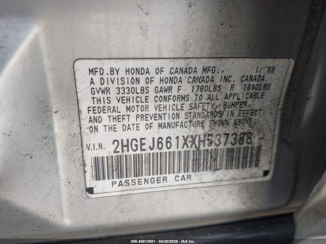 Продажа на аукционе авто 1999 Honda Civic Value Package, vin: 2HGEJ661XXH537388, номер лота: 45013001
