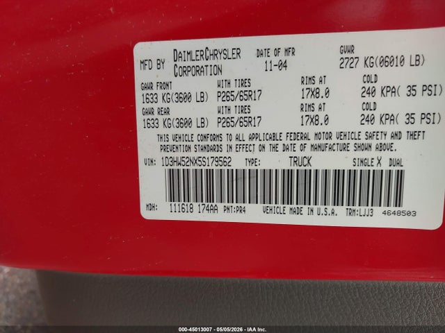 Продажа на аукционе авто 2005 Dodge Dakota Laramie, vin: 1D3HW52NX5S179562, номер лота: 45013007