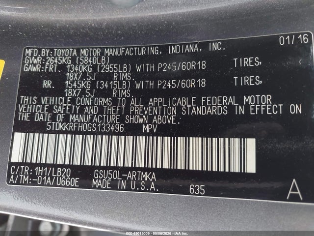 45013009 :رقم المزاد ، 5TDKKRFH0GS133496 vin ، 2016 Toyota Highlander Xle V6 مزاد بيع