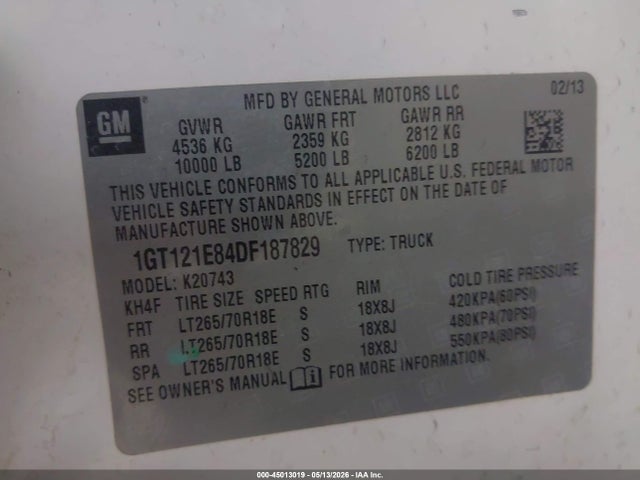 Auction sale of the 2013 Gmc Sierra 2500hd Slt, vin: 1GT121E84DF187829, lot number: 45013019