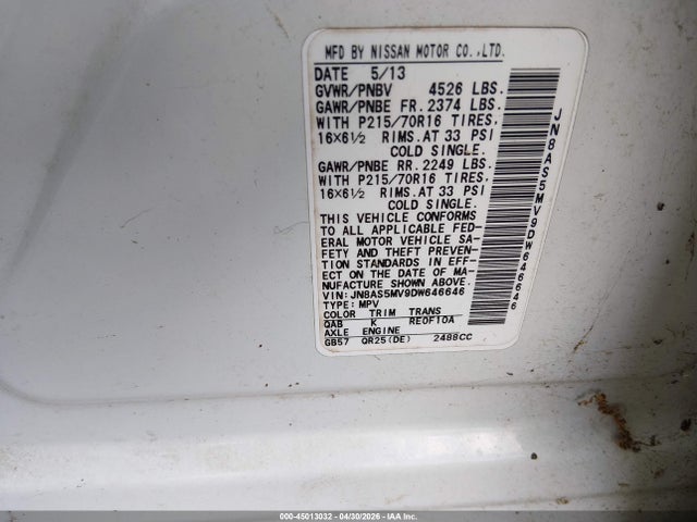 Продаж на аукціоні авто 2013 Nissan Rogue S, vin: JN8AS5MV9DW646646, номер лоту: 45013032