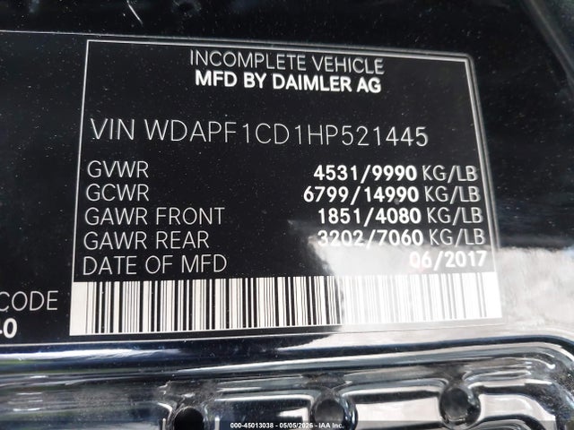 Aukcja sprzedaży 2017 Mercedes-benz Sprinter 3500 High Roof V6, vin: WDAPF1CD1HP521445, numer aukcji: 45013038