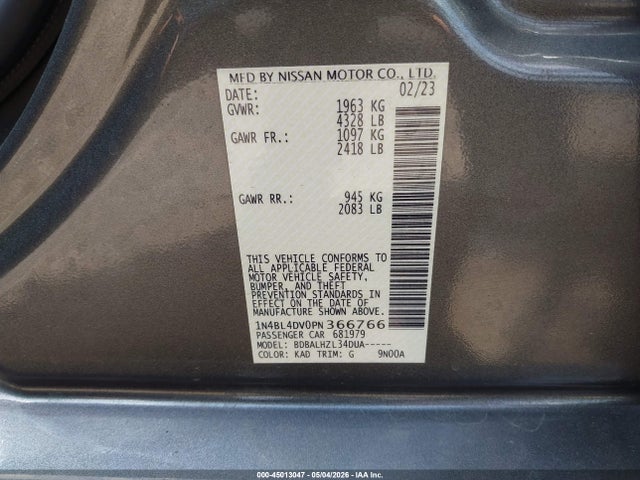 Aukcja sprzedaży 2023 Nissan Altima Sv Fwd, vin: 1N4BL4DV0PN366766, numer aukcji: 45013047