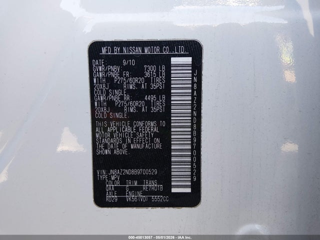 Aukcja sprzedaży 2011 Infiniti Qx56, vin: JN8AZ2ND8B9700529, numer aukcji: 45013057