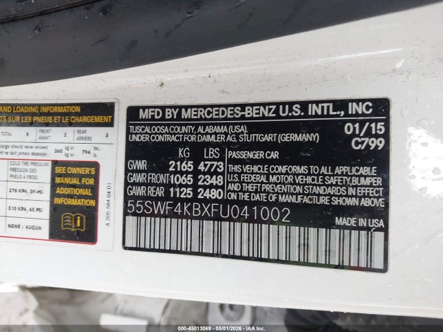 Продажа на аукционе авто 2015 Mercedes-benz C 300 4matic, vin: 55SWF4KBXFU041002, номер лота: 45013069