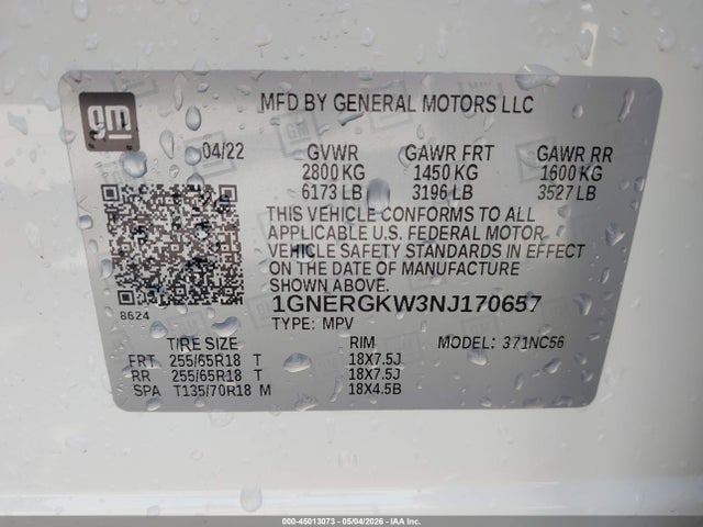 45013073 :رقم المزاد ، 1GNERGKW3NJ170657 vin ، 2022 Chevrolet Traverse Fwd Lt Cloth مزاد بيع