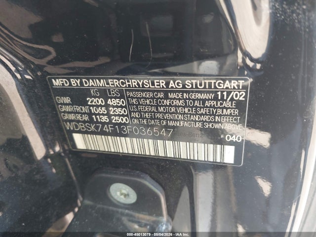 Продажа на аукционе авто 2003 Mercedes-benz Sl 55 Amg, vin: WDBSK74F13F036547, номер лота: 45013079