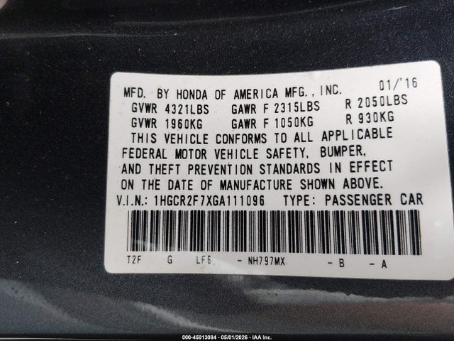 Продаж на аукціоні авто 2016 Honda Accord Ex, vin: 1HGCR2F7XGA111096, номер лоту: 45013084