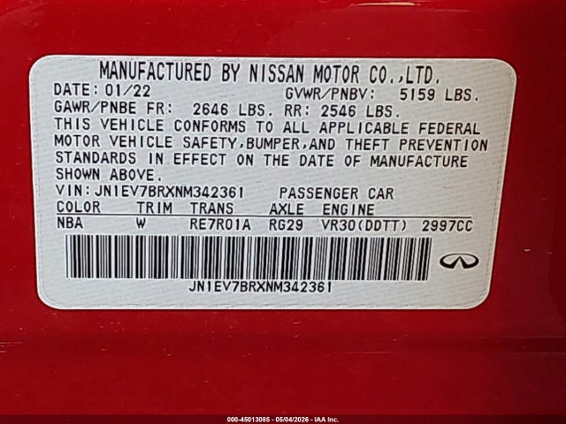 Продаж на аукціоні авто 2022 Infiniti Q50 Luxe Awd, vin: JN1EV7BRXNM342361, номер лоту: 45013085