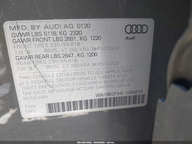 Продаж на аукціоні авто 2020 Audi Q3 Premium Plus 45 Tfsi Quattro Tiptronic, vin: WA1BECF34L1066878, номер лоту: 45013088