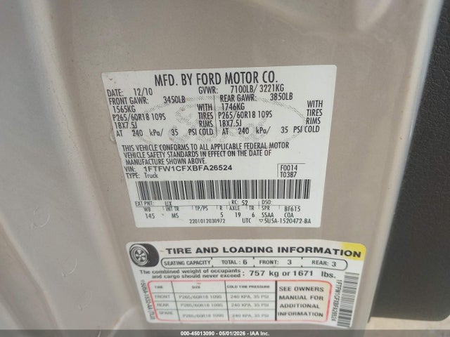 2011 Ford F-150 Xlt მანქანა იყიდება აუქციონზე, vin: 1FTFW1CFXBFA26524, აუქციონის ნომერი: 45013090