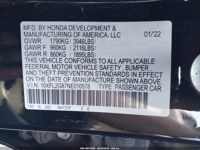 19XFL2G87NE010578 Honda Civic Sport