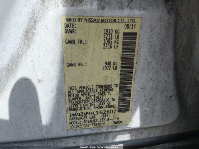 2015 Nissan Altima 2.5 Sv მანქანა იყიდება აუქციონზე, vin: 1N4AL3AP4FC162607, აუქციონის ნომერი: 45013094