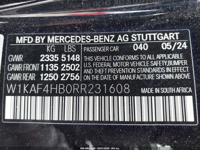 Aukcja sprzedaży 2024 Mercedes-benz C 300, vin: W1KAF4HB0RR231608, numer aukcji: 45013099