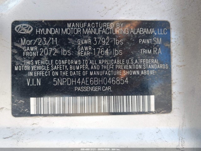 Продаж на аукціоні авто 2011 Hyundai Elantra Gls, vin: 5NPDH4AE6BH046854, номер лоту: 45013121