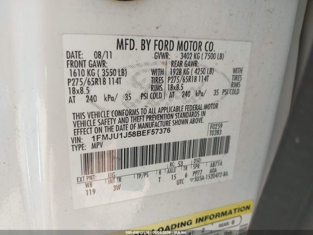 45013136 :رقم المزاد ، 1FMJU1J58BEF57376 vin ، 2011 Ford Expedition Xlt مزاد بيع