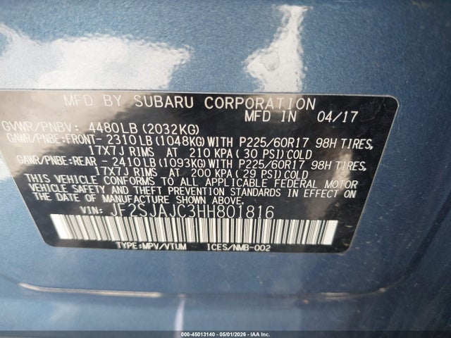 Продажа на аукционе авто 2017 Subaru Forester 2.5i Limited, vin: JF2SJAJC3HH801816, номер лота: 45013140