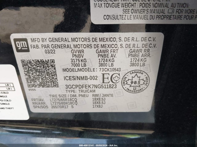 Продаж на аукціоні авто 2022 Chevrolet Silverado 1500 Lt Trail Boss, vin: 3GCPDFEK7NG511823, номер лоту: 45013141