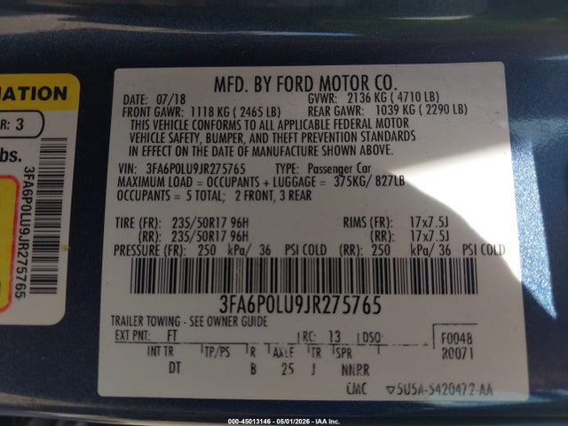 45013146 :رقم المزاد ، 3FA6P0LU9JR275765 vin ، 2018 Ford Fusion Hybrid Se مزاد بيع