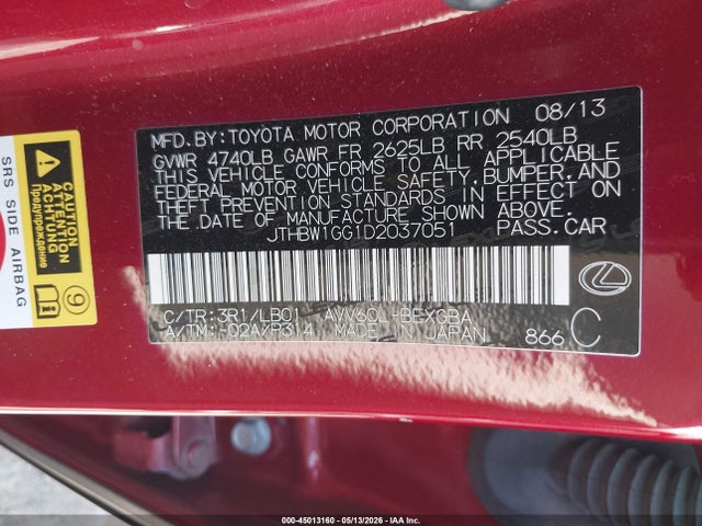 Aukcja sprzedaży 2013 Lexus Es 300h, vin: JTHBW1GG1D2037051, numer aukcji: 45013160