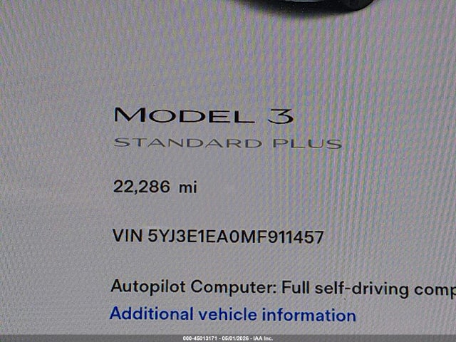 Tesla Model 3 Standard Range Plus Rear-wheel Drive 2021 5YJ3E1EA0MF911457 Image 15
