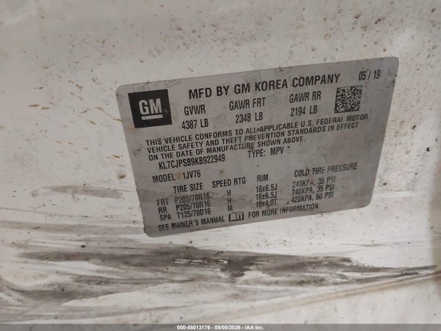 45013176 :رقم المزاد ، KL7CJPSB9KB922949 vin ، 2019 Chevrolet Trax Lt مزاد بيع