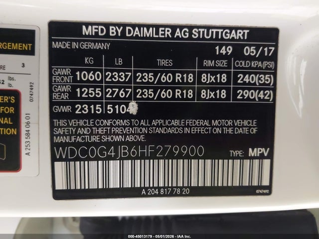 Aukcja sprzedaży 2017 Mercedes-benz Glc 300, vin: WDC0G4JB6HF279900, numer aukcji: 45013179