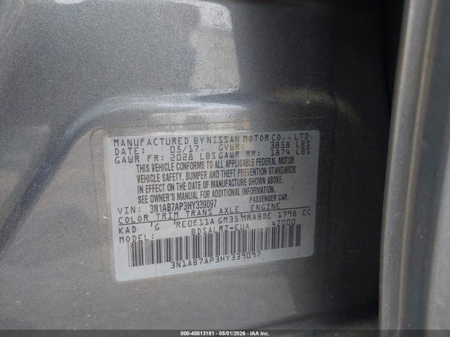 Aukcja sprzedaży 2017 Nissan Sentra Sr, vin: 3N1AB7AP3HY339097, numer aukcji: 45013181