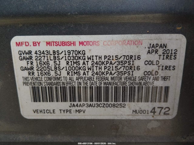Aukcja sprzedaży 2012 Mitsubishi Outlander Sport Es, vin: JA4AP3AU3CZ008252, numer aukcji: 45013186