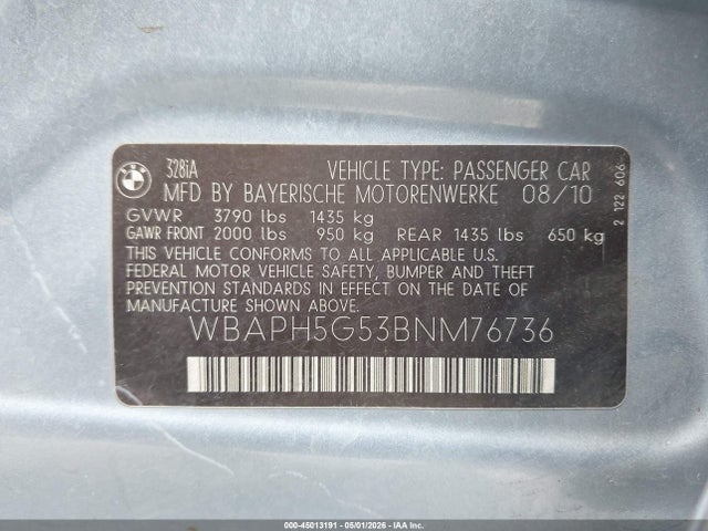 Aukcja sprzedaży 2011 Bmw 328i, vin: WBAPH5G53BNM76736, numer aukcji: 45013191