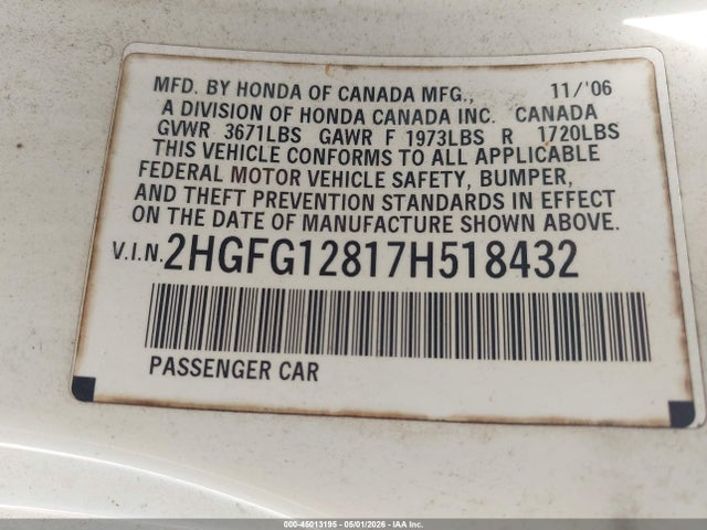 Aukcja sprzedaży 2007 Honda Civic Ex, vin: 2HGFG12817H518432, numer aukcji: 45013195