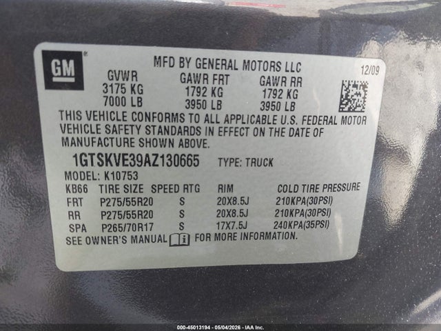 Aukcja sprzedaży 2010 Gmc Sierra 1500 Sle, vin: 1GTSKVE39AZ130665, numer aukcji: 45013194