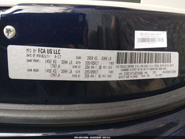 45013196 :رقم المزاد ، 2C4RC1H71HR765080 vin ، 2017 Chrysler Pacifica Hybrid Touring Plus مزاد بيع