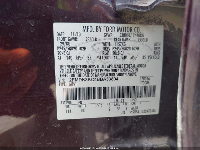Aukcja sprzedaży 2011 Ford Edge Limited, vin: 2FMDK3KC4BBA53804, numer aukcji: 45013201