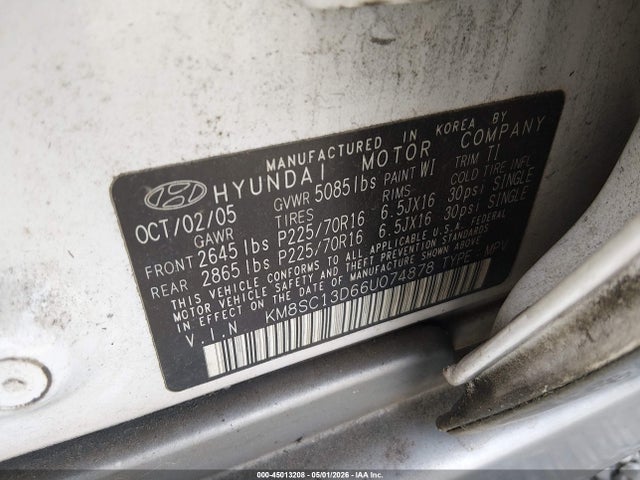 Aukcja sprzedaży 2006 Hyundai Santa Fe Gls, vin: KM8SC13D66U074878, numer aukcji: 45013208