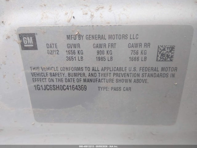 2012 Chevrolet Sonic 2lt მანქანა იყიდება აუქციონზე, vin: 1G1JC6SH0C4164369, აუქციონის ნომერი: 45013213