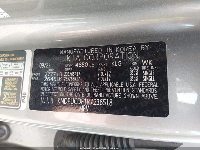 Aukcja sprzedaży 2024 Kia Sportage Lx, vin: KNDPUCDF1R7236518, numer aukcji: 45013219
