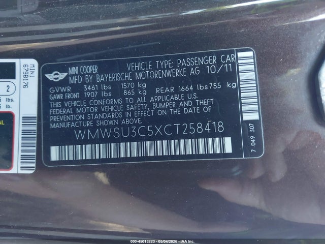 Продаж на аукціоні авто 2012 Mini Cooper, vin: WMWSU3C5XCT258418, номер лоту: 45013223