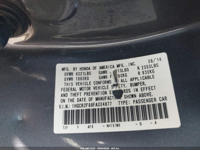 2015 Honda Accord Ex-l მანქანა იყიდება აუქციონზე, vin: 1HGCR2F88FA004877, აუქციონის ნომერი: 45013233