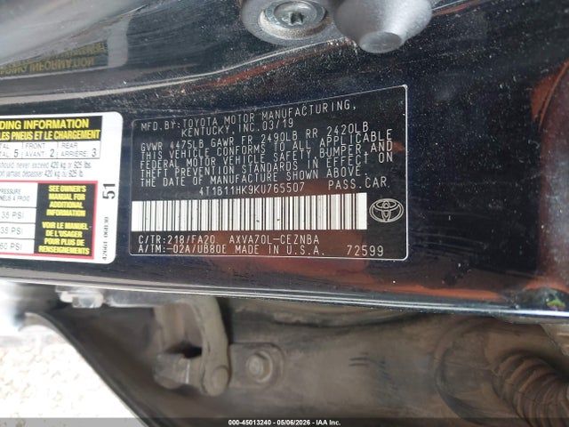 Aukcja sprzedaży 2019 Toyota Camry Le, vin: 4T1B11HK9KU765507, numer aukcji: 45013240